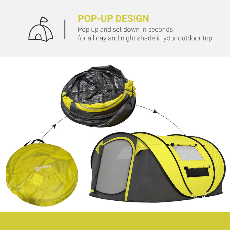 Outsunny 4 Person Pop-up Camping Tent, Family Dome Tent with Ground Sheet, 4 Windows and Portable Carry Bag for Beach Outdoor Trip, Yellow