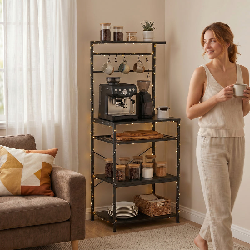 Kitchen Storage Shelf with Wine Rack and Hooks for Small Spaces Black