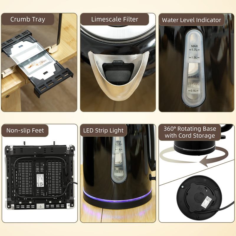 4 Slice Toaster and 17L Rapid Boil Kettle Set With Strix Control and Crumb Tray Black