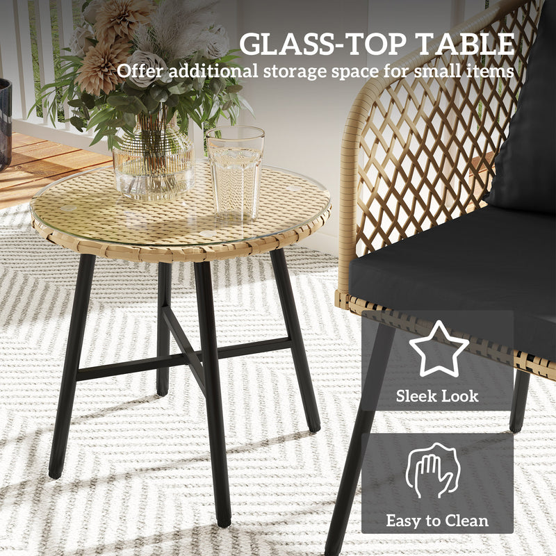 3 Piece Rattan Bistro Set with Cushions Glass Table and Wooden Finish Chairs by Outsunny