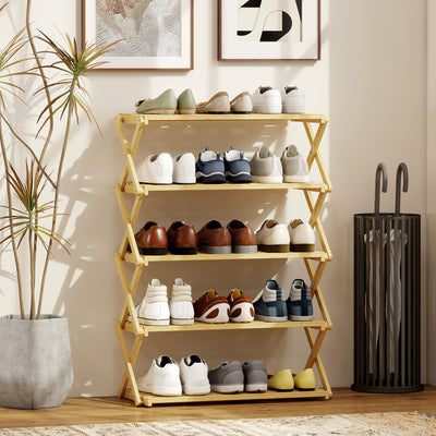 Five Tier Folding Bamboo Shoe Rack Space Saving Storage Organiser For Hallway Natural AOSOM