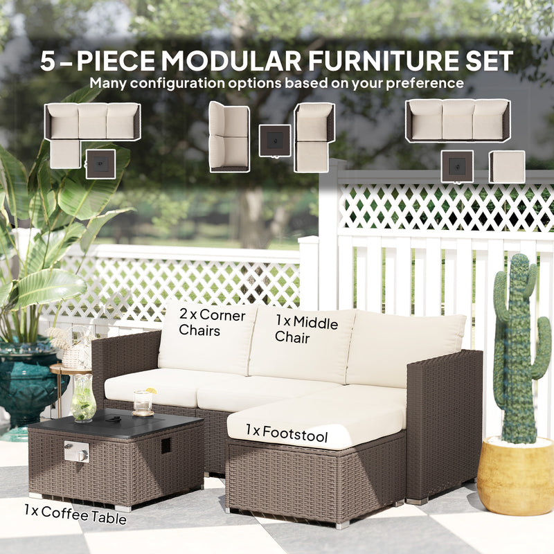 Five Piece Rattan Garden Sofa Set with Fire Pit Table and Footstool Brown