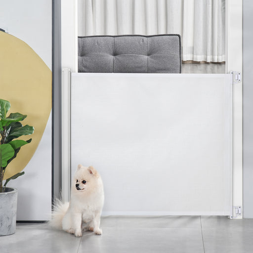 Retractable Dog Stair Gate for Doorways and Hallways Easy to Use Pet Barrier White