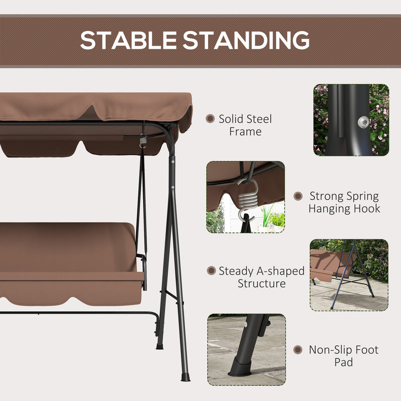 3 Seater Garden Swing Chair with Adjustable Canopy and Cushions for Outdoor Relaxing Brown