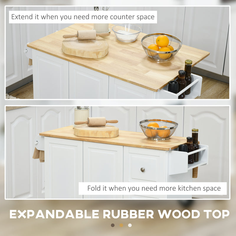 White Kitchen Island Trolley with Drop Leaf Drawers Spice Rack and Wood Top