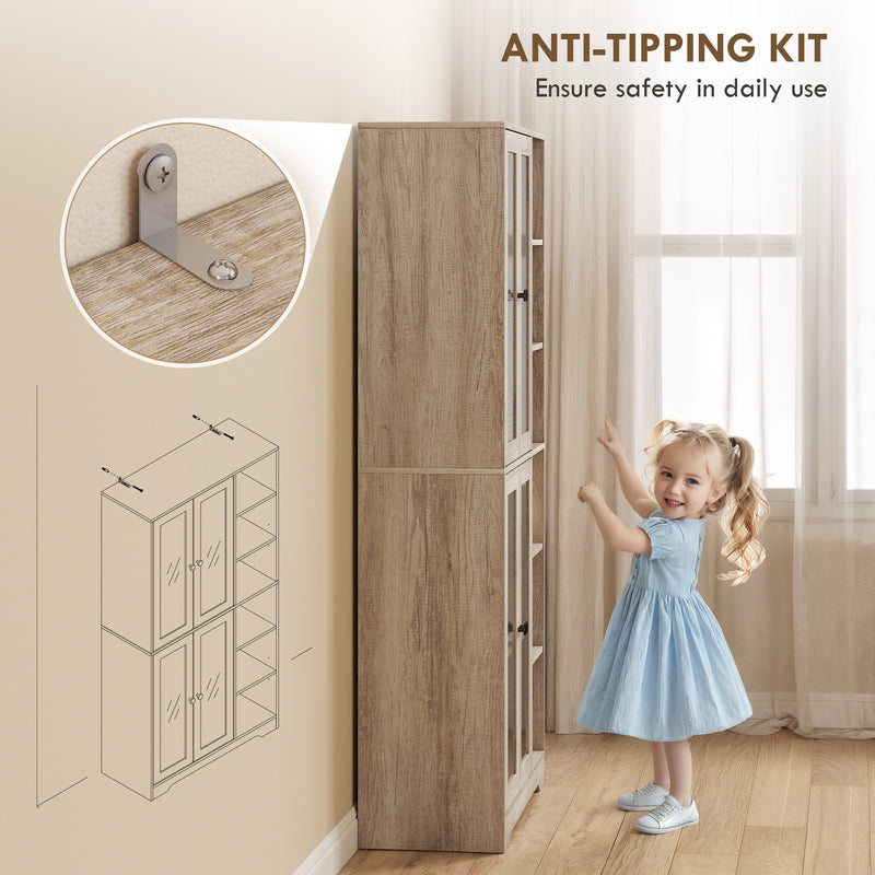 Multi Storage Kitchen Cabinet With Glass Doors And Adjustable Shelves For Home Use Grey