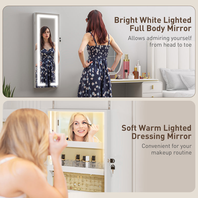 Jewellery Storage Cabinet with Full Length Mirror and LED Lights Wall or Door Mounted White