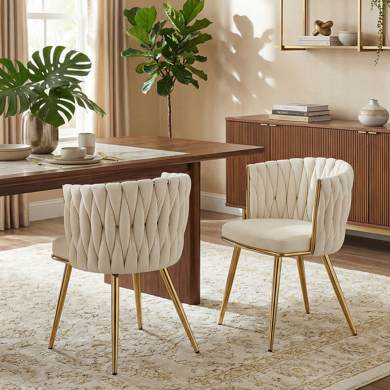Cream Velvet Dining Chairs With Gold Legs Set of 2  Woven Back and Armrests Ideal for Modern Homes