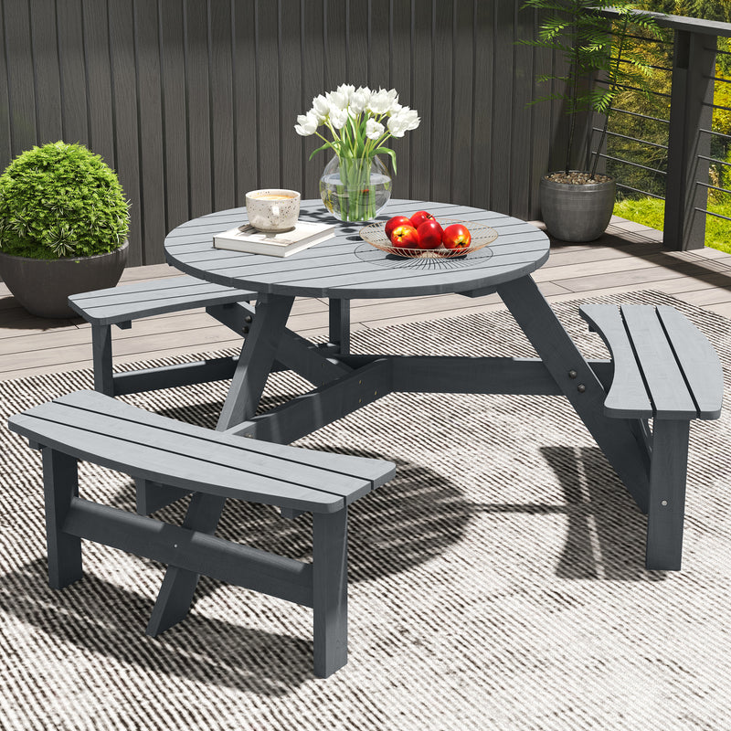 6 Seater Round Wooden Picnic Table With Benches and Parasol Hole for Garden and Patio Grey by Outsunny Outsunny