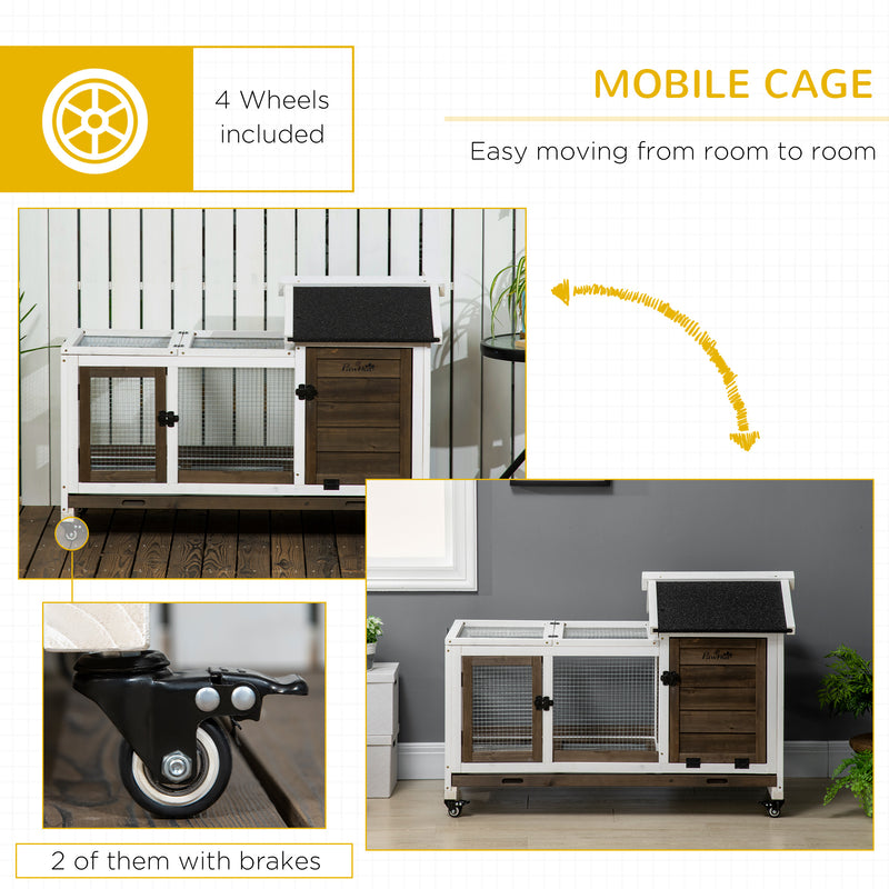 Wooden Rabbit Hutch with Removable Tray and Wheels for Outdoor or Indoor Use Brown