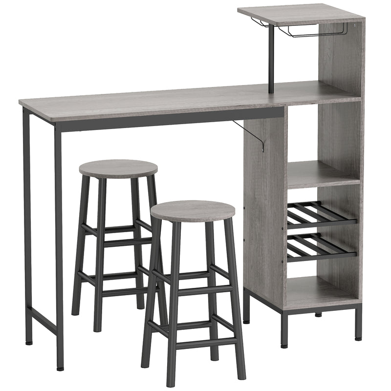 Bar Table Set with Storage Shelves and Stools for Small Kitchens or Flats Natural Wood Finish AOSOM