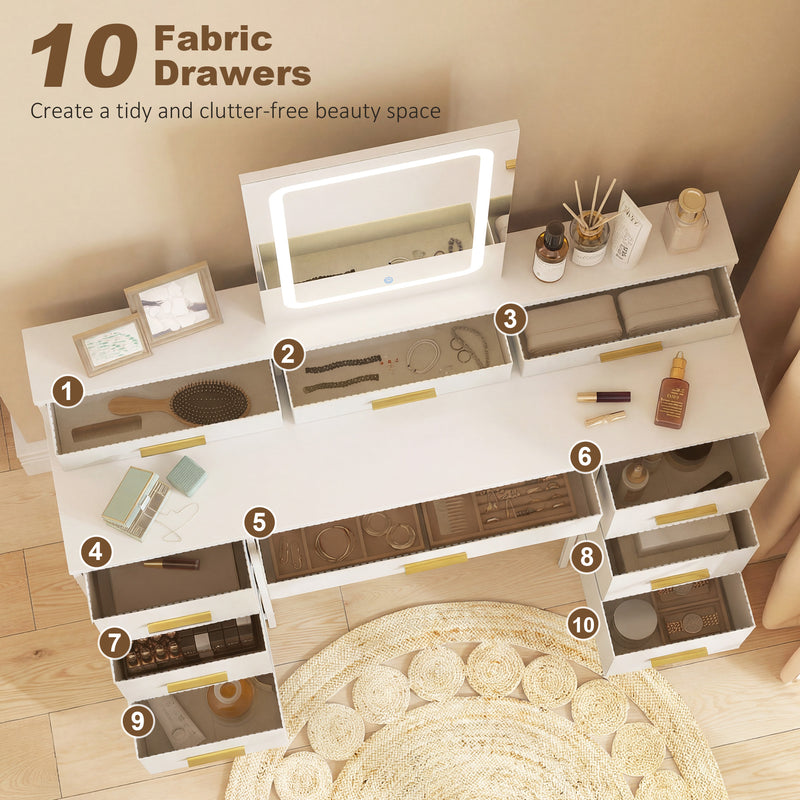 Dressing Table with LED Mirror and Ten Drawers for Organised Bedroom Storage White AOSOM
