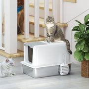 White Stainless Steel Cat Litter Box With Removable Lid Scoop and Filter Bags by PawHut