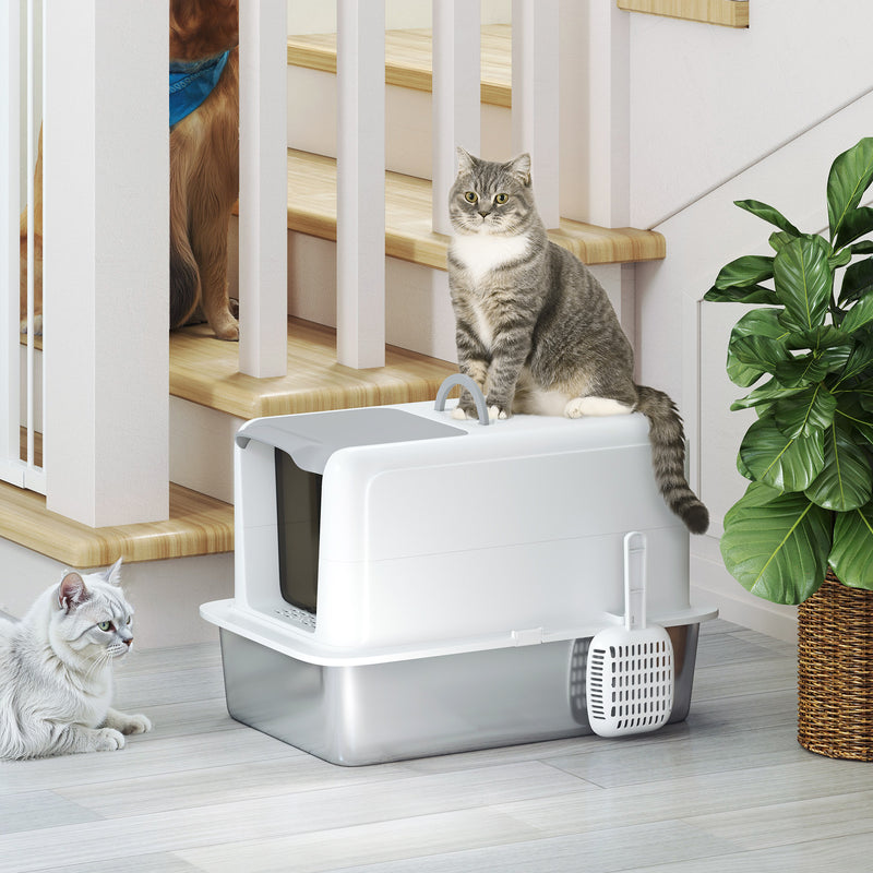 White Stainless Steel Cat Litter Box With Removable Lid Scoop and Filter Bags by PawHut