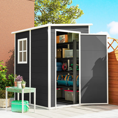 4.6x3.6ft Lean to Plastic Garden Shed for Secure Weatherproof Tool Storage with Window and Vent, Black Outsunny