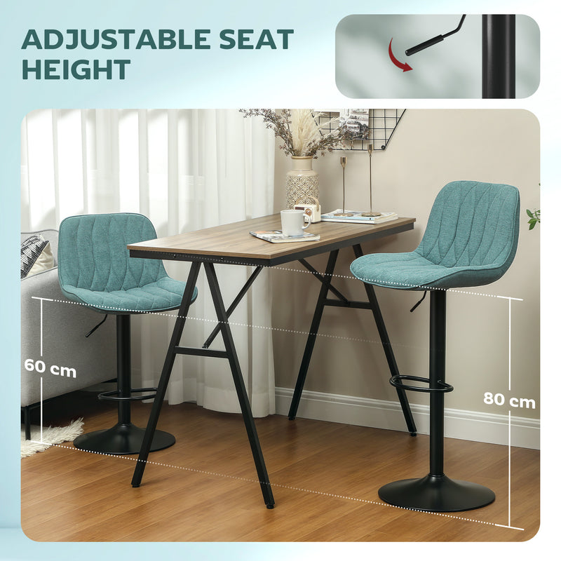 Set of 2 Blue Swivel Bar Stools With Backrest Height Adjustable Linen For Kitchen Island