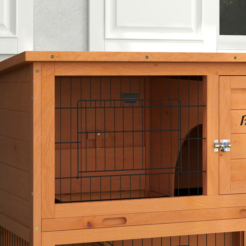 Two Tier Wooden Rabbit Hutch with Outdoor Run Ideal for Guinea Pigs and Bunnies Orange AOSOM