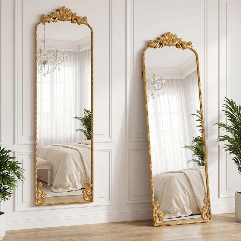 Full Length Standing Mirror for Outfits with Shatterproof Glass and Vintage Metal Frame Gold Tone