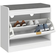 White Shoe Storage Bench For Entryway - Flip Drawer With Chevron Detail - Grey Cushioned Seat Homcom