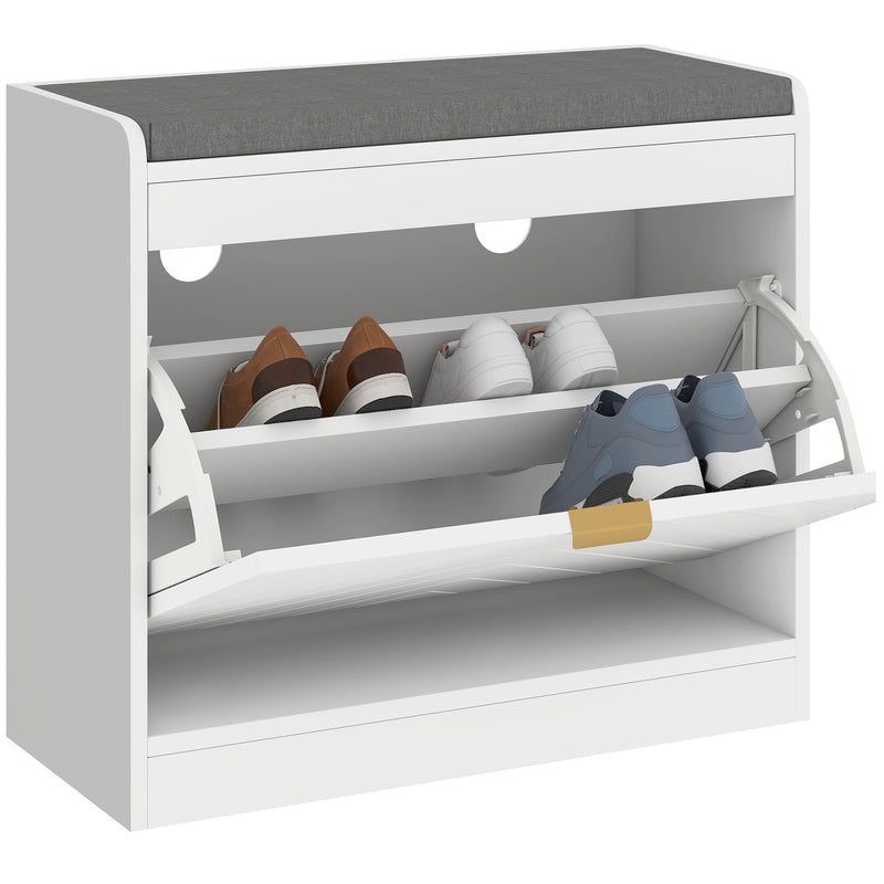 White Shoe Storage Bench For Entryway - Flip Drawer With Chevron Detail - Grey Cushioned Seat Homcom