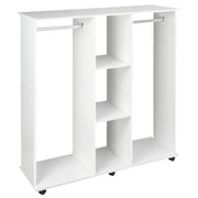 White Double Open Wardrobe With Shelves And 6 Wheels For Mobile Bedroom Storage