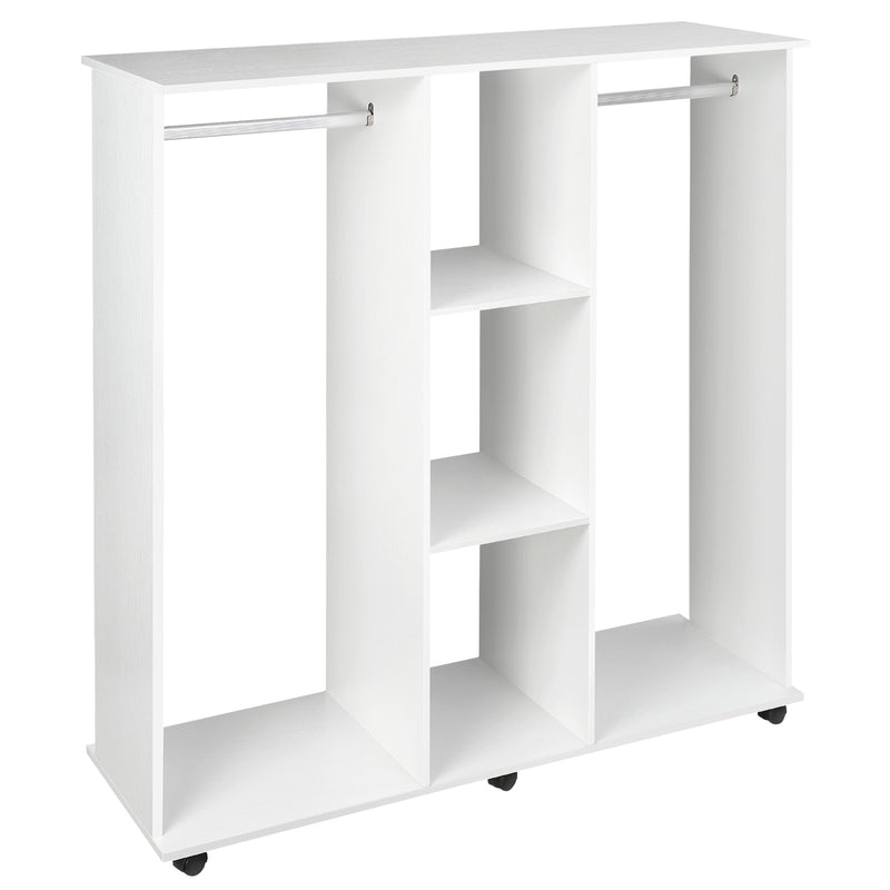 White Double Open Wardrobe With Shelves And 6 Wheels For Mobile Bedroom Storage