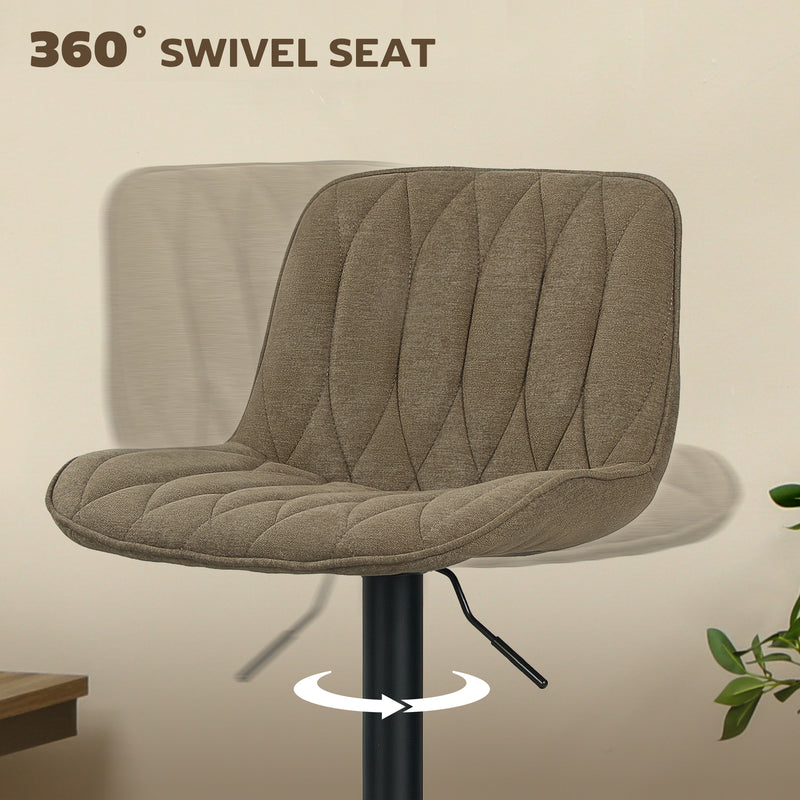 Set of Two Linen Look Bar Stools with Cushioned Seats for Kitchen or Home Bar, Brown