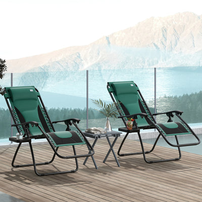Set of 2 Green Zero Gravity Reclining Lounger Chairs With Padded Seat and Cup Holder by Outsunny