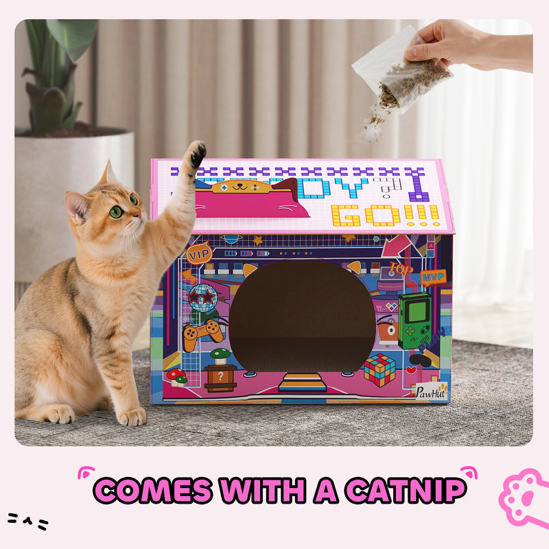 2 in 1 Cardboard Cat House With Scratching Board and Catnip For Indoor Play, Pink AOSOM