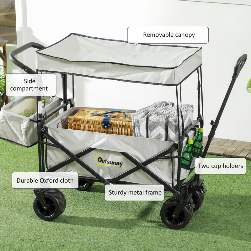 Grey Folding Camping Trolley Wagon With Canopy And Handle For Beach Or Garden Use