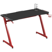 142 cm Z-shaped red-framed gaming desk with gamepad holder and cup holder, three-quarter view
