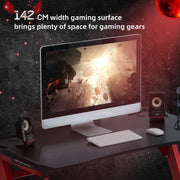 142 cm wide gaming surface holding a large monitor, keyboard and speakers