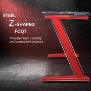 Red steel Z-shaped foot panel showing the stable frame