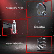 Panel showing the headphone hook, cup holder and gamepad holder