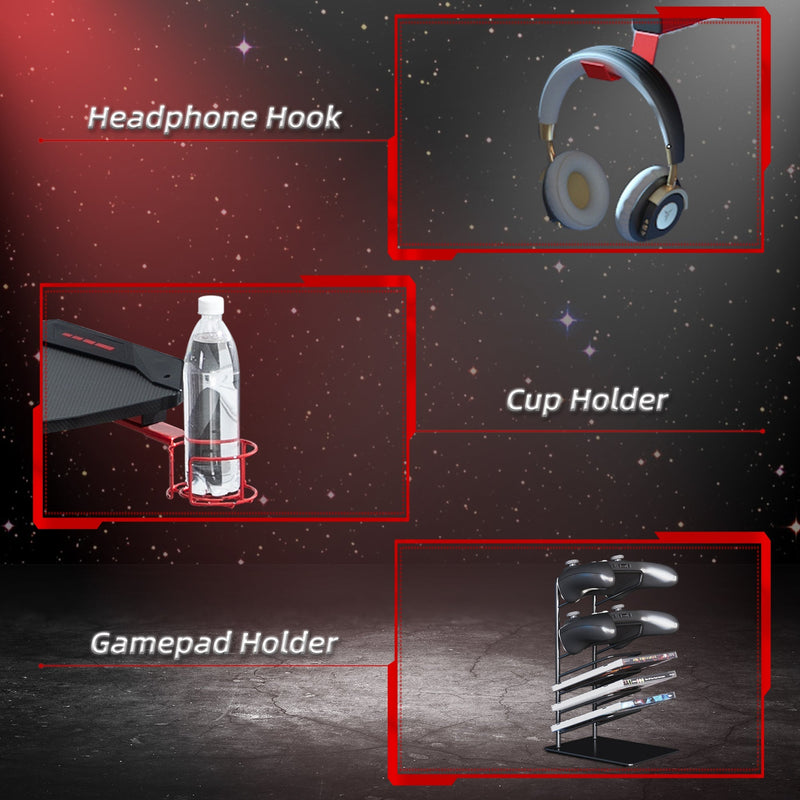 Panel showing the headphone hook, cup holder and gamepad holder