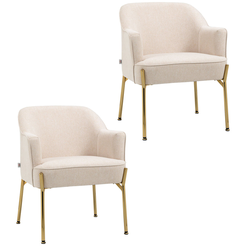 Set of 2 Velvet Accent Armchairs with Gold Legs for Living Room or Bedroom Use White