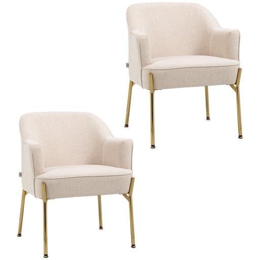 Set of 2 Velvet Accent Armchairs with Gold Legs for Living Room or Bedroom Use White