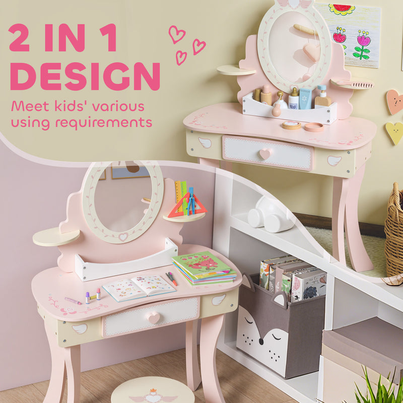 Kids Vanity Dressing Table Set With Mirror Stool Storage And Accessories For Girls Pink
