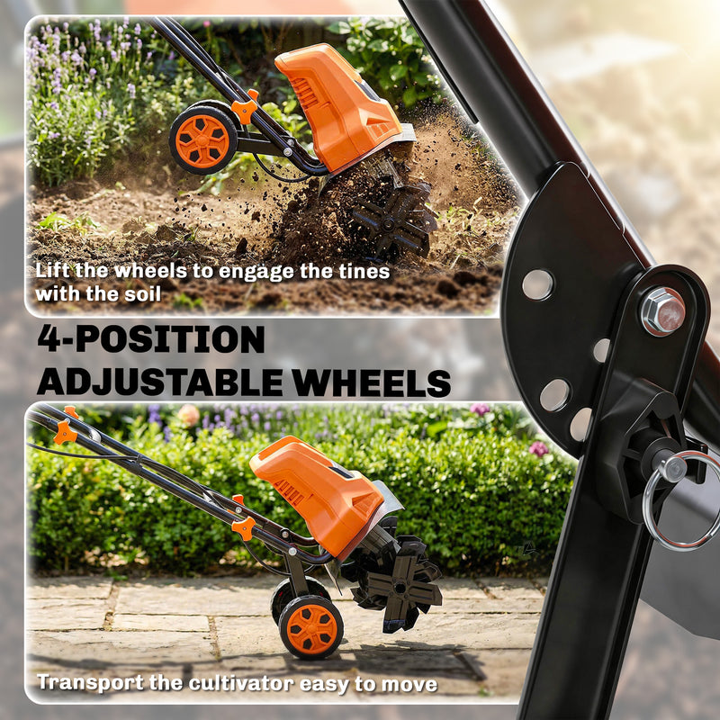 Electric Garden Tiller Rotavator for Easy Soil Preparation with Adjustable Wheels Orange AOSOM