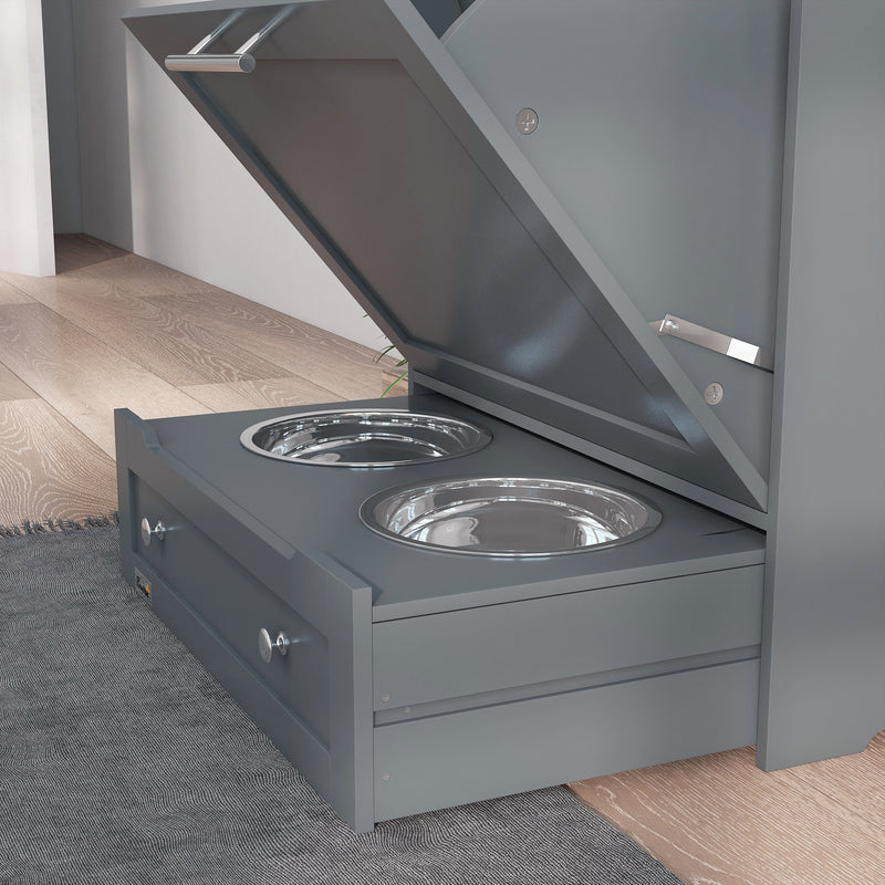 Pet Feeding Station With Raised Bowls Storage Cabinet And Hook For Dogs And Cats, Grey