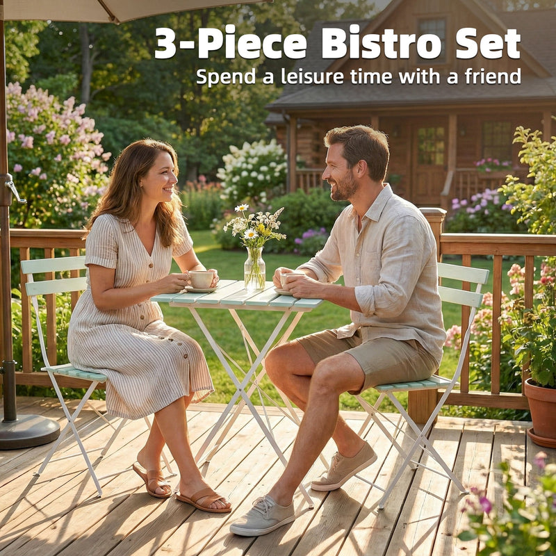 Foldable Garden Bistro Set for 2 with Acacia Wood Table and Chairs for Small Spaces Green White AOSOM