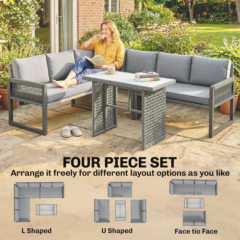 Modular Rattan Patio Furniture Set with Washable Cushions and Glass Table, Grey