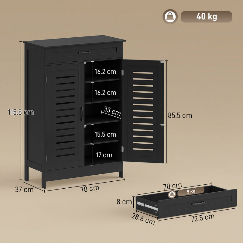 Black Shoe Storage Cabinet For Entryway with Louvered Doors Drawer and Adjustable Shelves 78x37x115cm Homcom