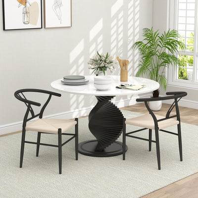 Set of 2 Black Beige Weave Dining Chairs with Y Backrest and Comfy Hemp Seat
