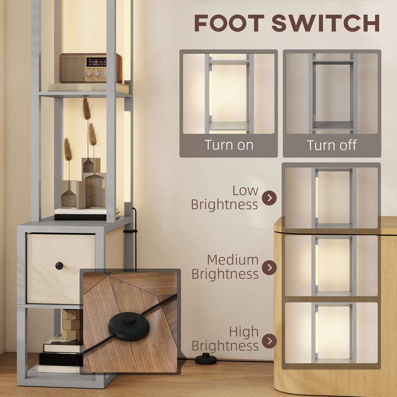 LED Floor Lamp with Shelves and Fabric Drawer Adjustable Brightness for Living Room Grey