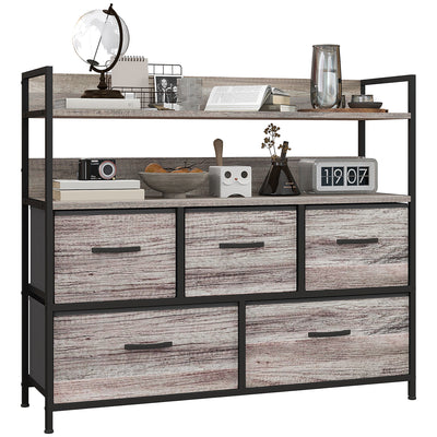 Tall Fabric Chest of 5 Drawers with Wood Effect Frame for Bedroom Storage Grey