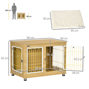Wooden Dog Crate End Table with Double Doors and Soft Cushion for Indoor Use Oak Tone