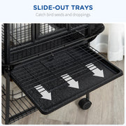 Tall Parrot Bird Cage With Open Play Top Perch Wheels and Storage Shelf Dark Grey AOSOM