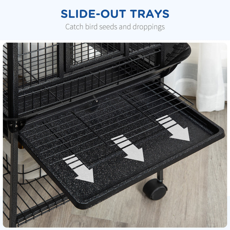 Tall Parrot Bird Cage With Open Play Top Perch Wheels and Storage Shelf Dark Grey AOSOM