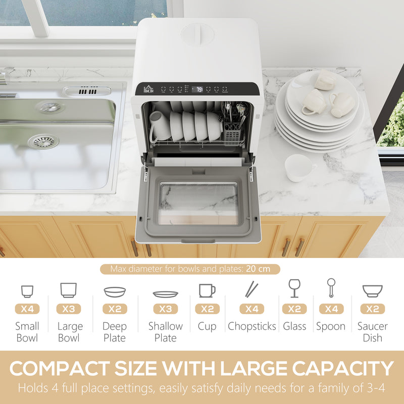 Compact 6L Tabletop Dishwasher with Five Cleaning Modes Ideal for Small Kitchens White AOSOM